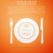 Restaurant Free Wi-Fi zone. Plate, fork and knife icon isolated on orange background