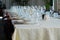 restaurant interior- Table set with sum, candle cups -