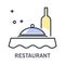 Restaurant isolated outline icon, wine bottle and tray with lid