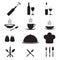 Restaurant and kitchen icons with wine bottle, glass, cup, fork, spoon, knife. Vector illustration.