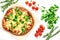 Restaurant kitchen with pizza preparing on white background top view