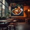 A restaurant with a large picture of food on the wall. Generative AI image.