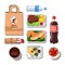 Restaurant meals delivery containers with food: meat, fish, cheese cake, oatmeal cereals, bottles with water