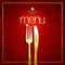 Restaurant menu card cover design with golden fork and knife against mosaic red background
