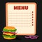 Restaurant menu with meat burger and trd onion slices.