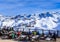 Restaurant in the mountains.Ski Resort Courchevel in wintertime