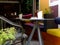 Restaurant open terrace with colorful patio furniture and greenery