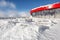 Restaurant open terrace during winter. Heavy snowing caused wood