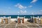 A restaurant overlooking Little Venice, Mykonos Island, Greece. Lunch and dinner overlooking the sea.