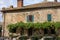 Restaurant in Piazza Roma in Monteriggioni medieval walled town near Siena in Tuscany, Italy