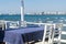 Restaurant on the pier in Vlore, Albania on the Ionian Sea, tables covered with blue tablecloths.