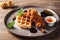 restaurant plate with waffle, fried chicken and syrup for sweet and savory brunch meal