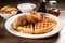 restaurant plate with waffle, fried chicken and syrup for sweet and savory brunch meal