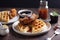 restaurant plate with waffle, fried chicken and syrup for sweet and savory brunch meal