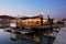 Restaurant on a river in Lyon. Evening in the french city.