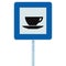 Restaurant road sign on pole post, traffic roadside signage, blue isolated bistro dinner bar cafe cafeteria catering coffee cup