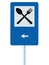 Restaurant road sign on post pole, traffic roadsign, blue isolated dinner bar catering fork spoon signage left side pointing arrow