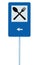 Restaurant road sign on post pole, traffic signage, blue isolated dinner bar catering fork spoon signage, left side pointing arrow