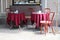 The restaurant`s intreer and a cafe with tables, chairs and covered, served dishes, a table for lunch. tablecloth