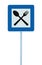 Restaurant sign post pole, traffic road roadsign, blue isolated dinner bar catering fork spoon roadside signage