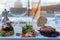 Restaurant table with served entree plate with small snacks