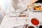 Restaurant table set with glasses of wine, napkins and cutlery. Glasses in restaurant. Table setting for celebration holiday with