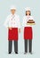 Restaurant team concept. Couple of waiter and waitress with cake on dish and in uniform stand together.