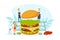 Restaurant Team Cooking Burger, Tiny Chef Characters in Uniform and Cap Cooking Fast Food Dish in Kitchen Vector