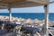 Restaurant terrace in front of the beach in kamari on the island of santorini