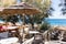 Restaurant terrace in front of the beach in kamari on the island of santorini