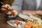 Restaurant using chopsticks for eating sushi