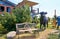 Restaurant on the vineyard on the island of Usedom on the Baltic Sea. With bench and cow in the garden