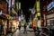 Restaurants and bars street view with colourful shop signs and people at night in Incheon South Korea