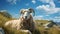 Resting Lamb In Scottish Landscape With Clear Blue Sky