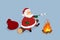 Resting Santa near bonfire. Cristmas isolated image. Relaxing man with gifts fries marshmallows. Forest campfire