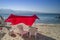 Resting tent and chairs on sandy beach of the Red Sea