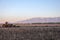 Resting Tractor in Amazing landscape at Sunset over the field in spring