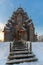 Restored orthodox wooden Twenty-five-headed Church of the Intercession of the Blessed Virgin Pokrovskaya at sunny winter day. St.