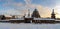 Restored orthodox wooden Twenty-five-headed Church of the Intercession of the Blessed Virgin Pokrovskaya at sunny winter day. St.