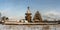 Restored orthodox wooden Twenty-five-headed Church of the Intercession of the Blessed Virgin Pokrovskaya at sunny winter day. St.