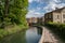 A restored section of the Stroudwater Canal leading to the Stroud Brewery Bridge , Wallbridge, Stroud,