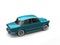 Restored vintage compact car with shiny metallic blue color paint - back side view