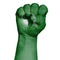 A restrained image of a fist painted in the colors of the flag of the African Union. Image on a white background