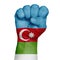 Restrained image of a fist painted in the colors of the flag of Azerbaijan. Image on a white background