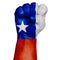 Restrained image of a fist painted in the colors of the flag of Chile. Image on a white background