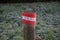 A restrictive roadside pole decorated with knitwear against a background of grass with hoarfrost in November. Berlin, Germany