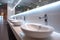 Restroom ambiance modern interior with row of white ceramic sinks