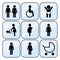 Restroom Icons: man, woman, wheelchair person symbol, baby changing. People icon