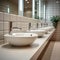 Restroom setting modern interior with a row of white ceramic sinks