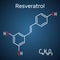 Resveratrol molecule. It is natural phenol, phytoalexin, antioxidant. Structural chemical formula and molecule model on the dark